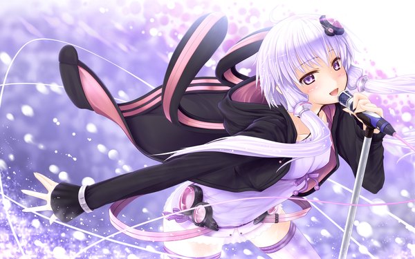 Anime picture 1920x1200 with vocaloid yuzuki yukari gizensha single long hair looking at viewer blush highres open mouth purple eyes twintails white hair low twintails girl dress hair ornament jacket hair tubes microphone stand