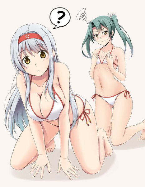 Anime picture 800x1028 with kantai collection shoukaku aircraft carrier zuikaku aircraft carrier fuuma nagi long hair tall image breasts light erotic simple background large breasts twintails multiple girls yellow eyes silver hair green hair kneeling groin flat chest on all fours ?