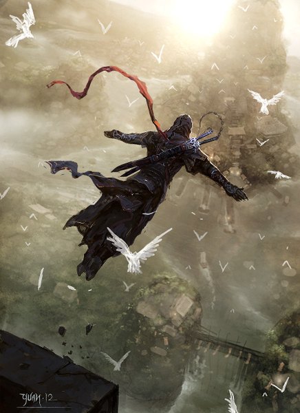 Anime picture 900x1238 with assassin's creed (game) chaoyuanxu single tall image signed spread arms mountain landscape river falling boy ribbon (ribbons) weapon animal bird (birds) hood chain bridge