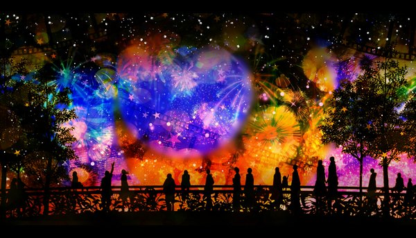 Anime picture 1876x1073 with original harada miyuki highres wide image sky night outstretched arm group scenic silhouette fireworks plant (plants) tree (trees) star (symbol) star (stars)