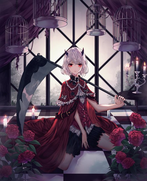 Anime picture 3510x4328 with original domi (hyaku8795) single tall image looking at viewer fringe highres short hair hair between eyes red eyes sitting holding absurdres silver hair indoors nail polish horn (horns) wariza checkered floor floor