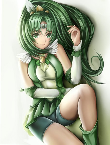 Anime picture 756x1000 with precure smile precure! toei animation midorikawa nao cure march nannacy7 single long hair tall image looking at viewer green eyes green hair girl dress hair ornament detached sleeves leggings bike shorts