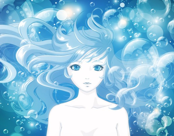 Anime picture 1500x1177 with original zumu (artist) single long hair looking at viewer aqua eyes aqua hair portrait underwater girl bubble (bubbles)