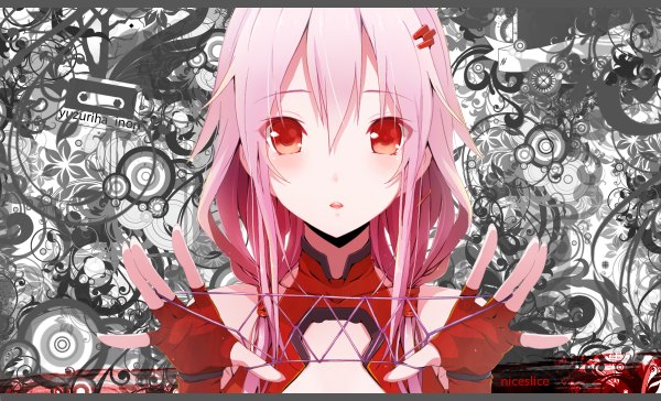 Anime picture 1200x728 with guilty crown production i.g yuzuriha inori single long hair red eyes wide image pink hair girl fingerless gloves bodysuit thread