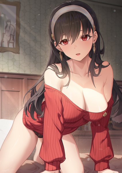 Anime-Bild 1500x2122 mit spy x family yor briar hayate (leaf98k) single long hair tall image blush fringe breasts open mouth light erotic hair between eyes large breasts cleavage indoors long sleeves sunlight on all fours girl underwear