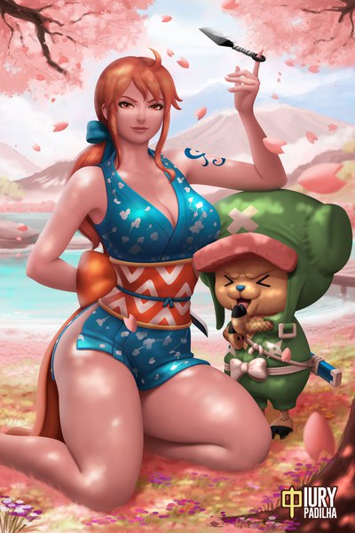 Anime picture 733x1100 with one piece toei animation nami (one piece) tony tony chopper iury padilha long hair tall image looking at viewer fringe breasts open mouth light erotic large breasts standing sitting bare shoulders signed cleavage ahoge outdoors