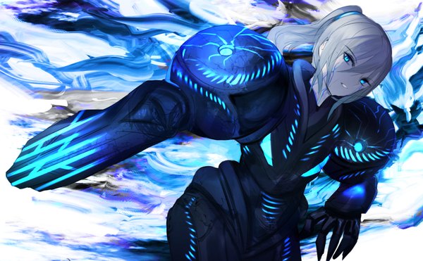 Anime picture 2328x1440 with metroid samus aran dark samus tarbo (exxxpiation) single long hair looking at viewer fringe highres blue eyes hair between eyes wide image standing payot silver hair ponytail parted lips head tilt arm cannon dark persona