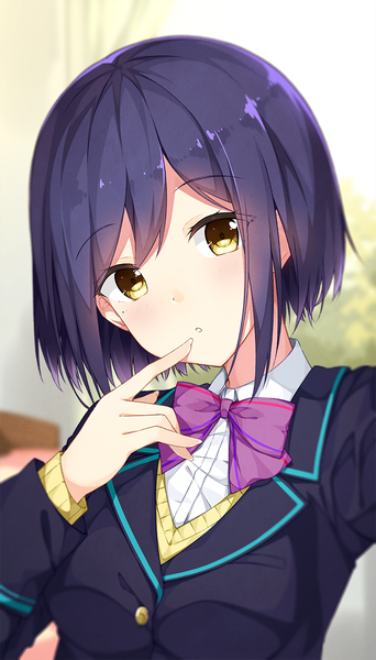 Anime picture 720x1260 with virtual youtuber nijisanji shizuka rin taiyaki (astre) single tall image looking at viewer blush fringe short hair hair between eyes yellow eyes blue hair upper body parted lips head tilt finger to mouth self shot girl uniform