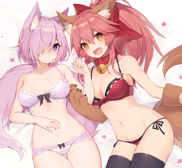 Anime picture 1200x1113 with fate (series) fate/grand order mash kyrielight tamamo (fate) (all) tamamo cat (fate) muryotaro long hair looking at viewer blush fringe short hair breasts open mouth light erotic smile hair between eyes large breasts purple eyes bare shoulders multiple girls