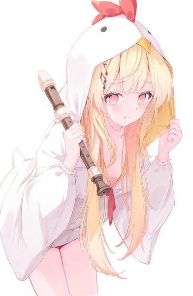 Anime picture 2584x3951 with virtual youtuber hololive hololive dev is otonose kanade daidai (daidai826) single long hair tall image highres breasts light erotic simple background blonde hair standing white background holding pink eyes no bra flat chest animal hood