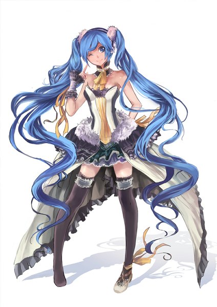 Anime picture 800x1131 with 7th dragon 7th dragon 2020 vocaloid hatsune miku ooi choon liang single long hair tall image looking at viewer blue eyes simple background smile white background twintails bare shoulders blue hair one eye closed wink zettai ryouiki hands behind back