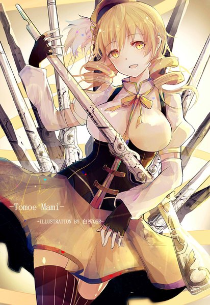 Anime picture 756x1100 with mahou shoujo madoka magica shaft (studio) tomoe mami bai qi-qsr single long hair tall image looking at viewer fringe breasts open mouth light erotic blonde hair hair between eyes large breasts twintails holding signed yellow eyes braid (braids)