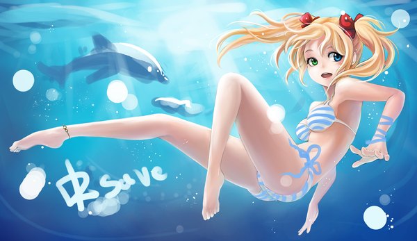 Anime picture 1622x939 with original mappung-gun (mhg0106) single long hair open mouth light erotic blonde hair wide image twintails bare shoulders bent knee (knees) barefoot bare legs bare belly armpit (armpits) heterochromia underwater girl underwear panties