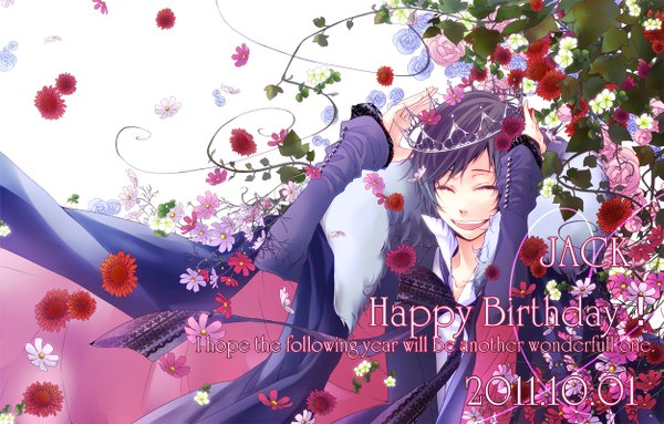 Anime picture 1252x800 with nico nico singer pointfive(.5) jack (pointfive) haruma single short hair open mouth smile eyes closed inscription open collar clothes on shoulders happy birthday boy flower (flowers) bow ribbon (ribbons) plant (plants) shirt heart