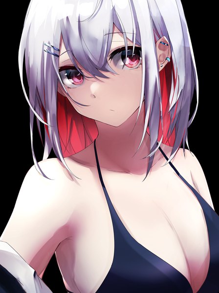 Anime picture 2592x3467 with original nanashinayuzu mochi single long hair tall image looking at viewer fringe highres short hair breasts light erotic simple background hair between eyes red eyes large breasts cleavage silver hair two-tone hair piercing black background