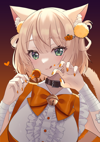 Anime picture 2000x2829 with virtual youtuber indie virtual youtuber shigure ui (vtuber) aonegi single tall image fringe highres short hair simple background blonde hair hair between eyes green eyes animal ears upper body tail nail polish animal tail cat ears cat girl