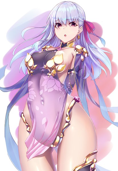 Anime picture 3097x4500 with fate (series) fate/grand order kama (fate) kuen (kuennn12) single long hair tall image looking at viewer blush fringe highres breasts open mouth light erotic simple background hair between eyes large breasts standing absurdres silver hair