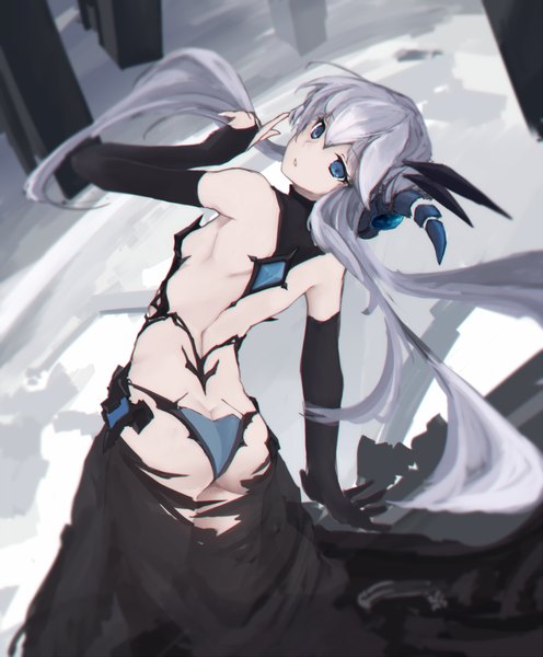 Anime picture 1199x1449 with benghuai xueyuan honkai (series) vicious single long hair tall image looking at viewer fringe blue eyes light erotic standing bare shoulders silver hair parted lips looking back horn (horns) from behind leaning outstretched arm girl