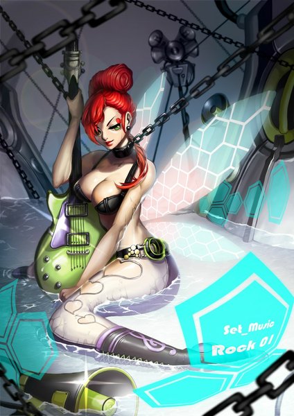 Anime picture 740x1047 with yamijam single long hair tall image breasts light erotic green eyes looking away red hair lips girl earrings lingerie bra chain collar guitar