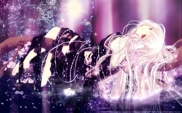 Anime picture 1920x1200 with chobits clamp chii single long hair highres red eyes wide image white hair lying cherry blossoms girl dress petals beads