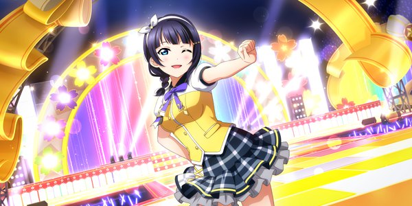 Anime picture 3600x1800 with love live! nijigasaki high school idol club sunrise (studio) love live! asaka karin single looking at viewer blush fringe highres short hair open mouth blue eyes smile wide image standing purple hair blunt bangs one eye closed wink official art