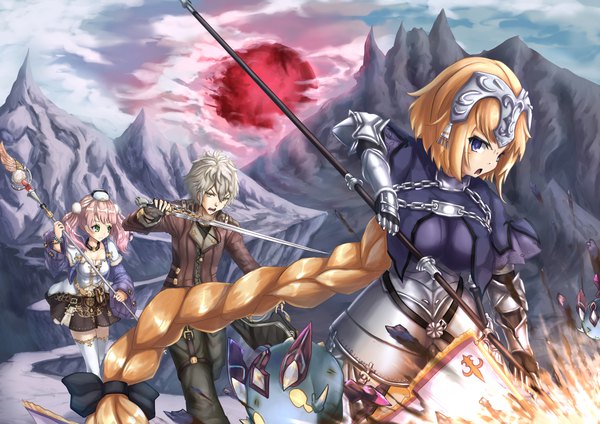 Anime picture 1170x827 with fate (series) atelier (series) atelier escha & logy gust (company) jeanne d'arc (fate) (all) jeanne d'arc (fate) escha malier logix ficsario wakaura asaho long hair looking at viewer short hair open mouth blue eyes blonde hair twintails multiple girls brown eyes green eyes looking away