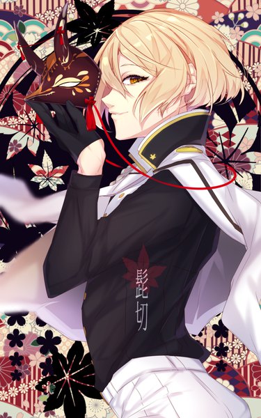 Anime picture 2500x4000 with touken ranbu nitroplus higekiri (touken ranbu) motsuni (lxxe1120) single tall image looking at viewer fringe highres short hair blonde hair hair between eyes holding brown eyes upper body profile character names boy gloves black gloves