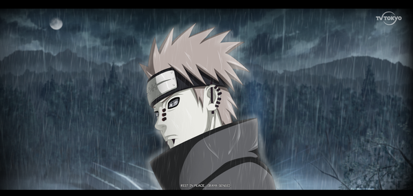 Anime picture 2002x954 with naruto studio pierrot naruto (series) pain (naruto) deva path krizqlid single highres short hair brown hair wide image cloud (clouds) grey eyes night sky piercing coloring rain mountain akatsuki rinnegan