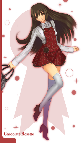 Anime picture 2293x3945 with original j orange single long hair tall image looking at viewer highres brown hair brown eyes girl thighhighs dress white thighhighs bag
