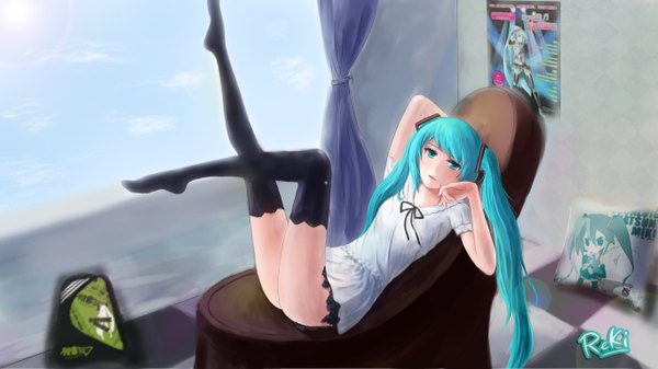 Anime picture 2732x1536 with vocaloid hatsune miku reki (lichk) single long hair blush highres open mouth light erotic wide image twintails sky cloud (clouds) aqua eyes aqua hair on back legs arms behind head girl thighhighs
