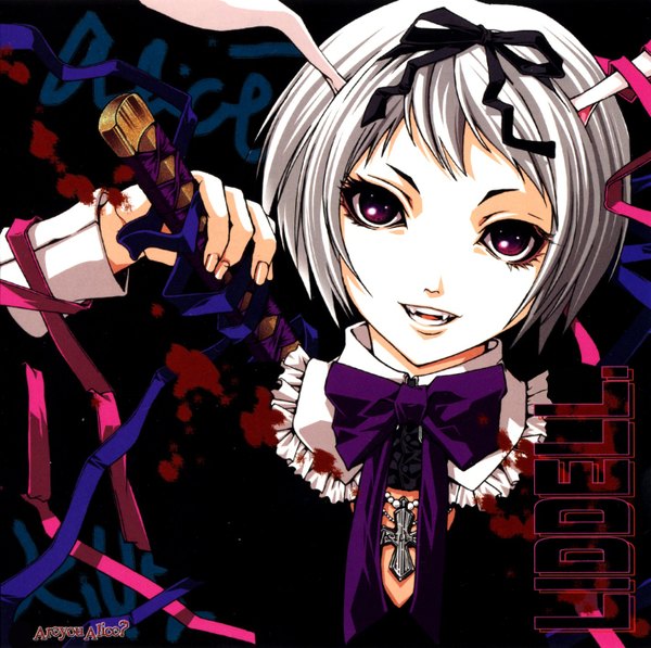 Anime picture 1423x1416 with are you alice white rabbit white rabbit (are you alice) single looking at viewer short hair smile red eyes purple eyes holding animal ears silver hair white hair grey hair teeth fang (fangs) bunny ears dark background pale skin girl