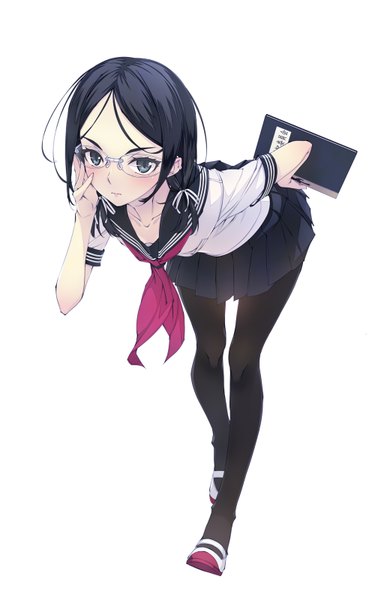 Anime picture 1000x1600 with original murakami suigun single long hair tall image looking at viewer blush black hair simple background white background holding pleated skirt grey eyes arm behind back bent over adjusting glasses girl skirt uniform miniskirt
