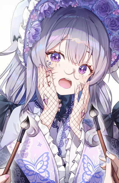 Anime picture 2927x4500 with virtual youtuber hololive hololive english koseki bijou koseki bijou (new year) misyune long hair tall image looking at viewer highres open mouth simple background white background purple eyes twintails upper body traditional clothes japanese clothes grey hair low twintails