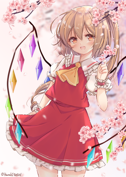 Anime picture 2586x3624 with touhou flandre scarlet haruki (colorful macaron) single tall image looking at viewer blush fringe highres short hair blonde hair hair between eyes signed outdoors orange eyes twitter username one side up cherry blossoms spring no hat