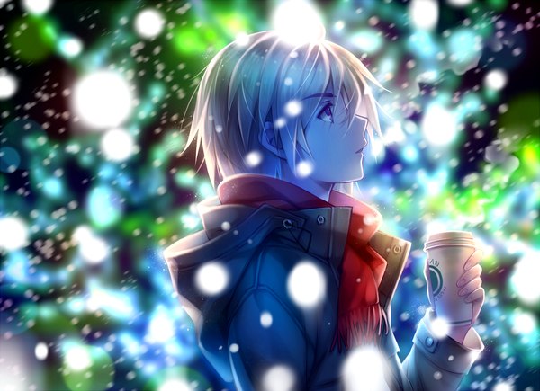 Anime picture 1377x1000 with original tidsean single short hair open mouth brown eyes looking away silver hair profile blurry snowing winter boy jacket scarf glass