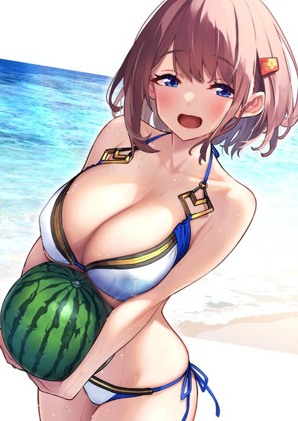Anime picture 2507x3541 with original hitoyo (baffu) baffu single tall image looking at viewer blush fringe highres short hair breasts open mouth blue eyes light erotic smile brown hair large breasts standing holding payot