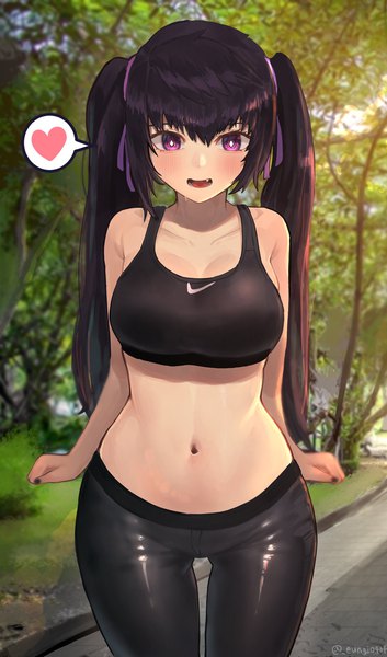 Anime picture 1206x2048 with original nike priite hari (torriet) eungi single long hair tall image looking at viewer fringe breasts open mouth light erotic black hair hair between eyes large breasts standing purple eyes twintails bare shoulders signed