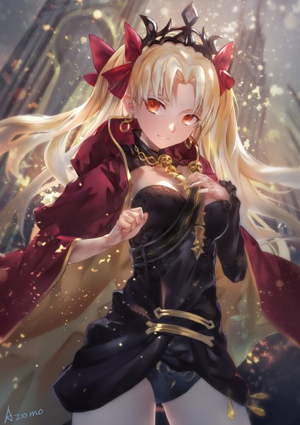 Anime picture 2480x3507 with fate (series) fate/grand order ereshkigal (fate) azomo single long hair tall image looking at viewer highres light erotic blonde hair red eyes signed outdoors from below two side up dutch angle hand on chest girl dress