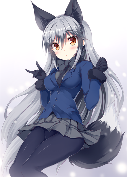 Anime picture 716x1000 with kemono friends silver fox (kemono friends) tateha (marvelous grace) single long hair tall image looking at viewer blush fringe light erotic simple background hair between eyes white background brown eyes animal ears payot silver hair bent knee (knees) tail parted lips