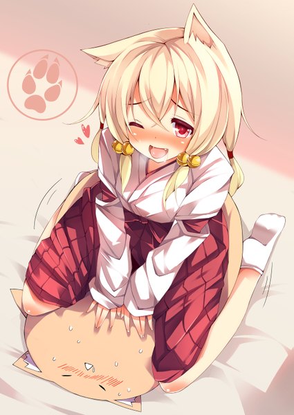 Anime picture 1063x1500 with original chiri (atlanta) long hair tall image blush open mouth blonde hair red eyes animal ears one eye closed wink teeth fang (fangs) sweat sweatdrop miko sexually suggestive girl bell
