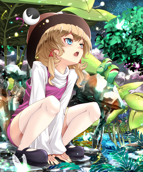 Anime picture 1000x1200 with touhou moriya suwako mikoma sanagi single tall image short hair open mouth blue eyes blonde hair girl thighhighs dress plant (plants) hat white thighhighs insect butterfly frog
