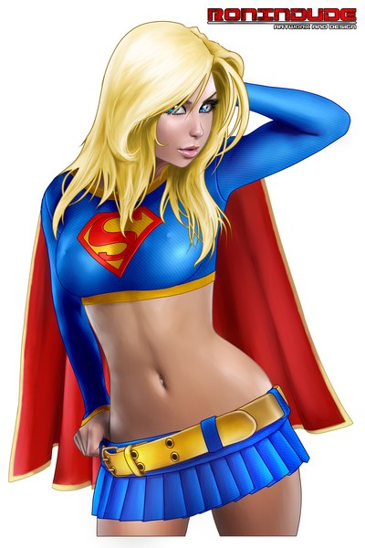 Anime picture 2000x3000 with dc comics supergirl ronin dude (ray cornwell) single long hair tall image looking at viewer highres blue eyes simple background blonde hair white background erect nipples covered nipples superhero girl navel miniskirt belt cloak