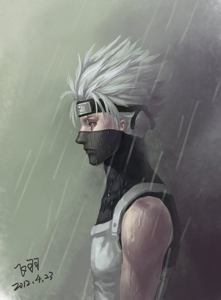 Anime picture 1104x1500 with naruto studio pierrot naruto (series) hatake kakashi piaoluo de fei yu single tall image short hair simple background red eyes signed profile grey hair wet scar rain spiked hair sharingan boy mask