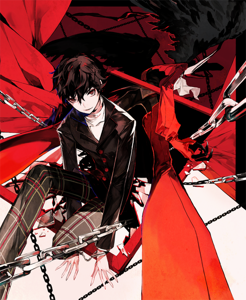 Anime picture 700x851 with persona 5 persona amamiya ren arsene (persona 5) mo (mocopo) tall image looking at viewer fringe short hair black hair hair between eyes brown eyes from above squat plaid boy wings chain buttons