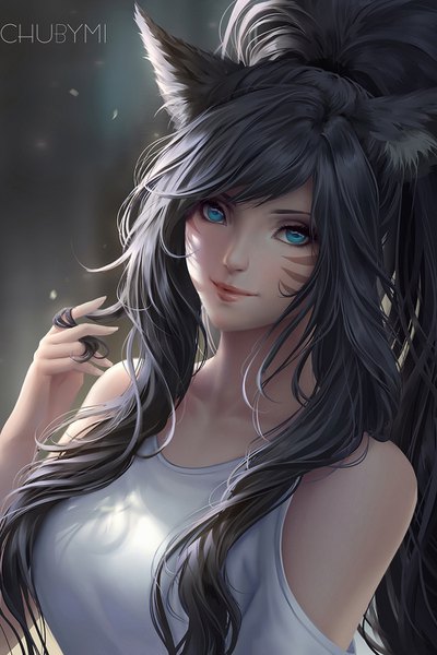 Anime picture 1000x1500 with league of legends ahri (league of legends) chubymi single long hair tall image looking at viewer blush fringe breasts blue eyes black hair smile bare shoulders signed animal ears payot upper body ponytail lips