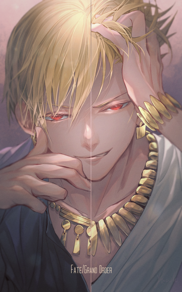 Anime picture 1200x1920 with fate (series) fate/grand order fate/zero gilgamesh (fate) gilgamesh (caster) (fate) nemumi no sora single tall image looking at viewer short hair blonde hair smile red eyes copyright name multiview hand on head hand on face establishment (fate/grand order) boy earrings