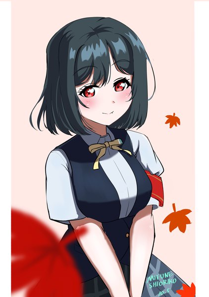 Anime picture 2881x4096 with love live! nijigasaki high school idol club sunrise (studio) love live! mifune shioriko evildaddy12 single tall image looking at viewer blush fringe highres short hair breasts black hair simple background smile red eyes large breasts upper body pleated skirt