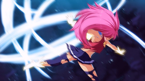 Anime-Bild 4800x2700 mit fairy tail wendy marvell tongasart single highres wide image pink hair absurdres pleated skirt tattoo torn clothes coloring magic spread arms battle girl thighhighs skirt torn thighhighs