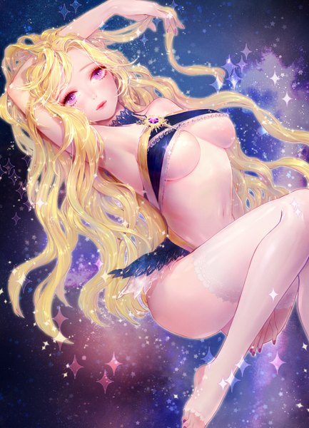 Anime picture 1200x1662 with original heather37 single long hair tall image looking at viewer blush fringe breasts light erotic blonde hair purple eyes bare shoulders lips bare belly sparkle armpit (armpits) lipstick wavy hair arm behind head