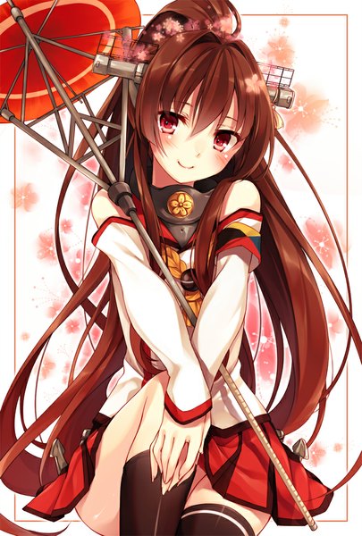 Anime picture 689x1020 with kantai collection yamato super battleship toosaka asagi long hair tall image looking at viewer blush smile red eyes brown hair ponytail hair flower girl thighhighs hair ornament flower (flowers) black thighhighs detached sleeves petals socks